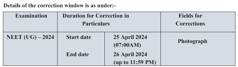 NEET 2024 Photograph Correction window date